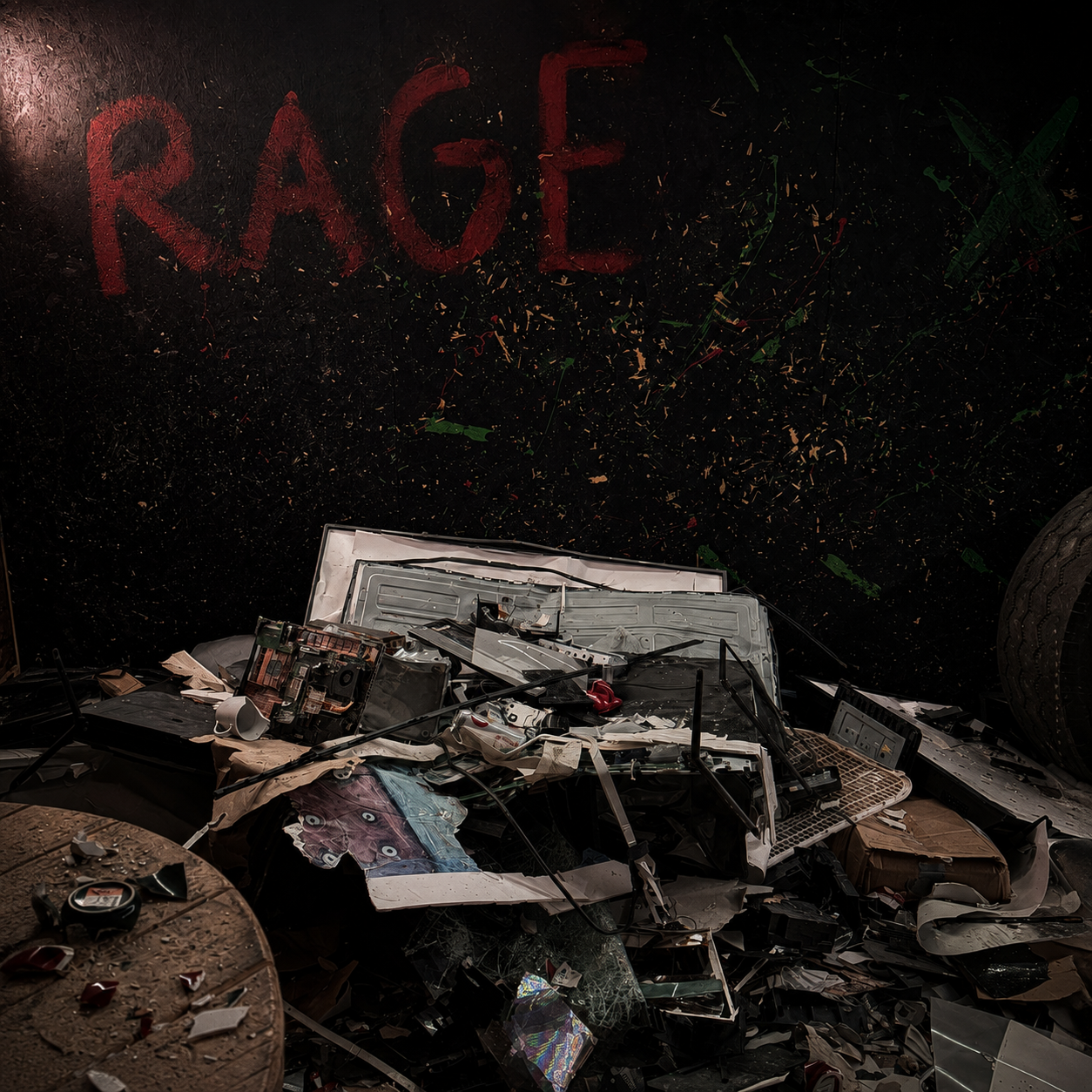 The Crimson Rage room after a session, filled with smashed electronics and debris beneath the red RAGE wall